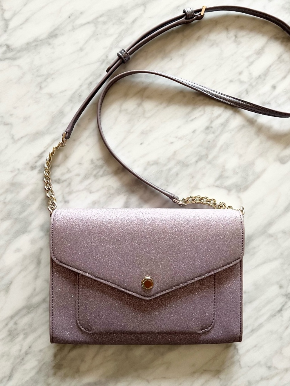Kate Spade Tinsel Flap Crossbody Bag NWOT Lilac Frost Glitter Clutch